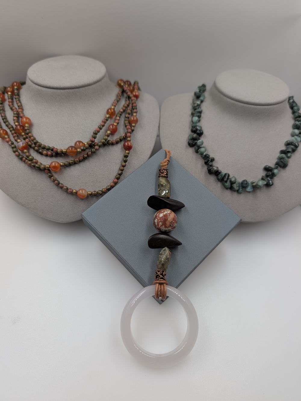 3Pc Natural Stone Necklace Set Unakite Carnelian Chalcedony Donut Boho 0708